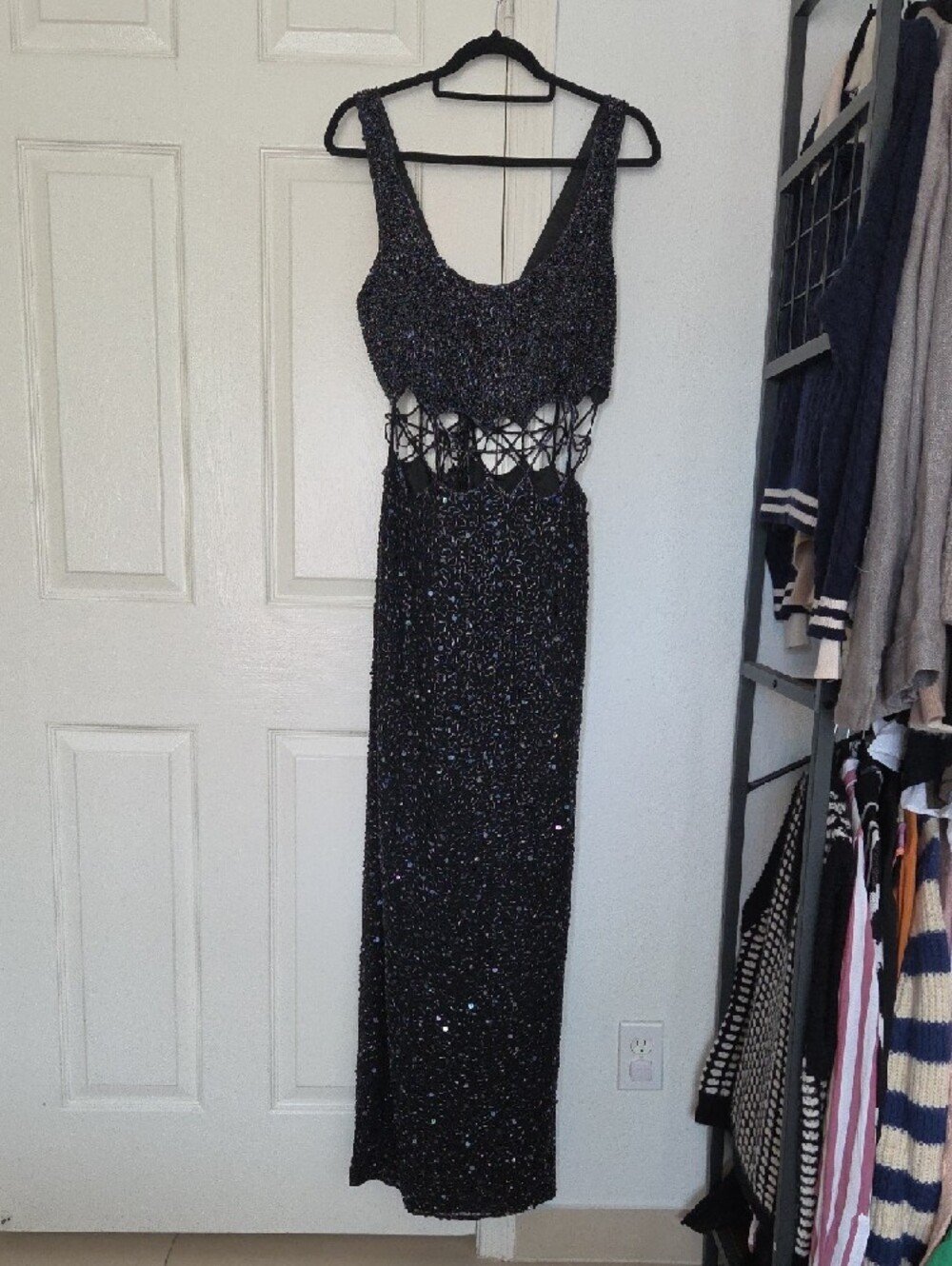 Lawrence Kazer Silk Sequins  Sparkle Black Evening Cutout Maxi Dress Size 16